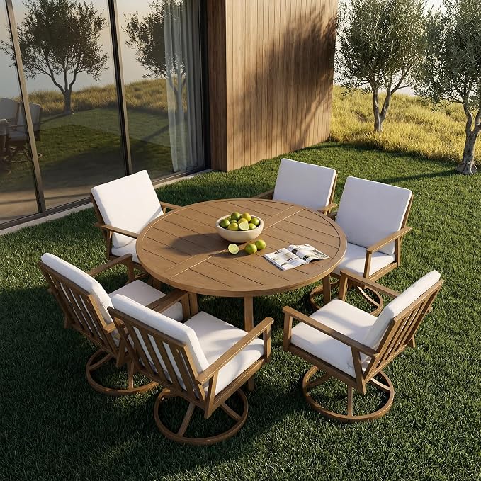 51" All-Aluminum Round Outdoor Dining Table, Modern Faux Wood Grain Patio Table for 6 with Umbrella Hole, Rust-Resistant Metal Dining Table for Garden, Backyard, Poolside & Lawn, Teak
