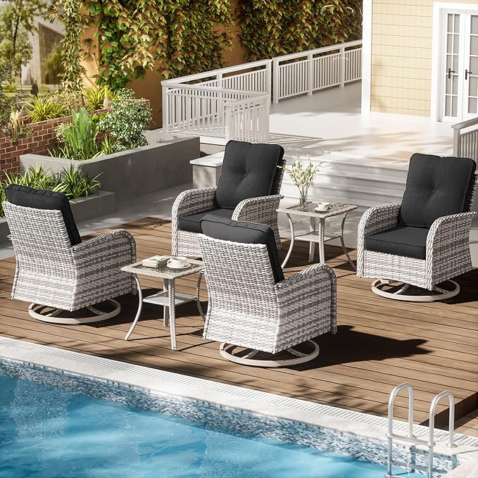 6-Piece Patio Rocking Swivel Chair Outdoor Wicker Rattan Bistro Set with Tempered Glass Side Table, Outdoor Patio Furniture Set for Garden, Deck, and Balcony, Dark Grey