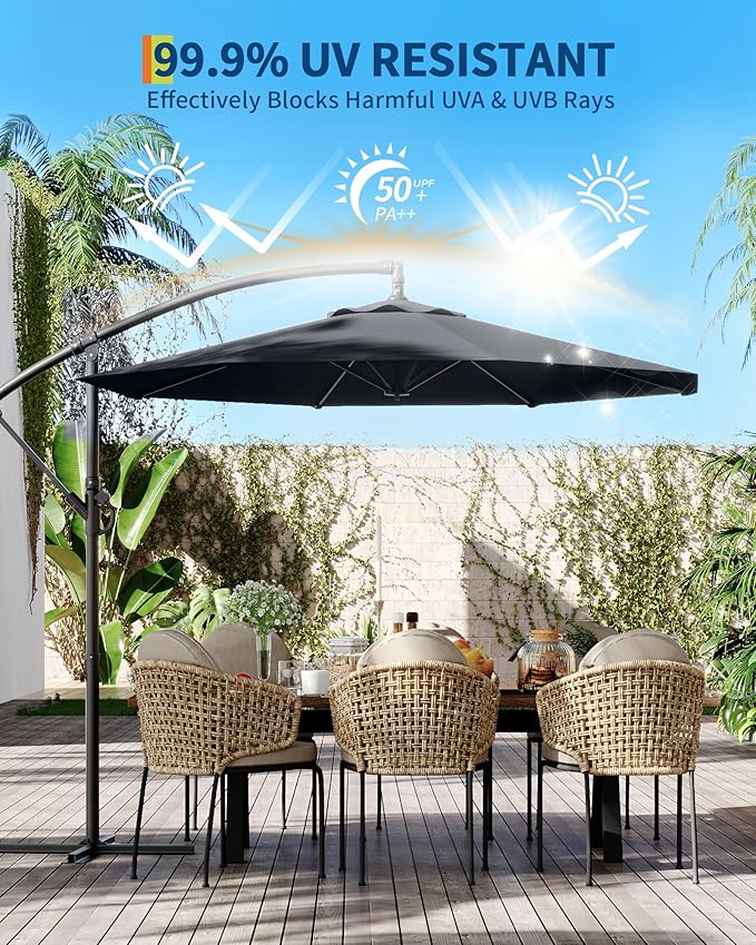 10FT Cantilever Patio Umbrella with Cross Base, Outdoor Offset Market Umbrella with Infinite Tilt and Crank Lift, Outside Umbrellas for Backyard Lawn Garden and Pool (Grey)