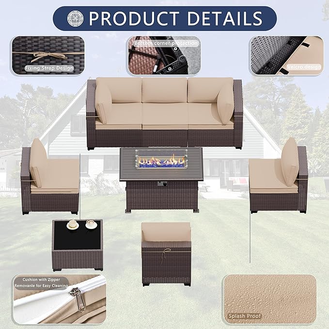 Outdoor Patio Furniture Set with Gas Fire Pit Table, 8 Pieces Outdoor Furniture Set Patio Sectional Sofa w/43in Propane Fire Pit, PE Wicker Rattan Patio Conversation Sets (Sand)