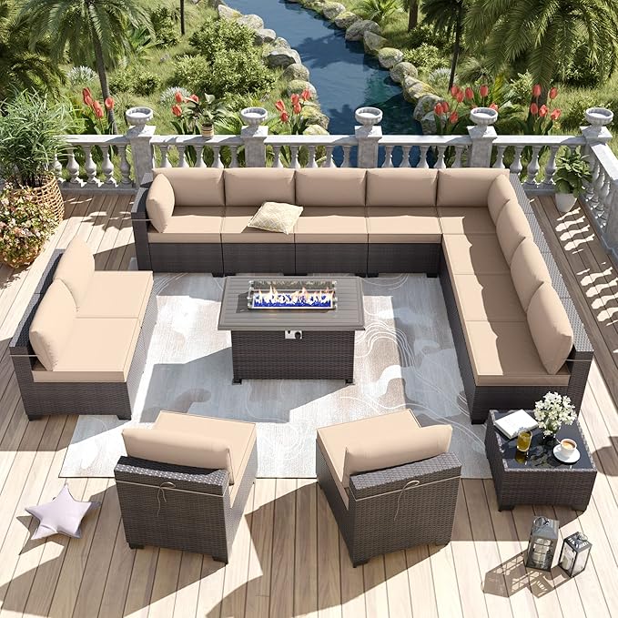 Kurapika 14 Pieces Patio Furniture Set, Rattan Wicker Outdoor Conversation Sets w/43in Propane Fire Pit Table and 4 Inch Cushion(Sand)