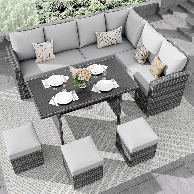 GAOMON Outdoor Patio Furniture Sets, PE Rattan Furniture Sectional Sofa Set with Storage Table, Patio Conversation Sets with Water-Repellent Cushions for Backyard, Deck, Poolside (9 Seat Gray/Gray)