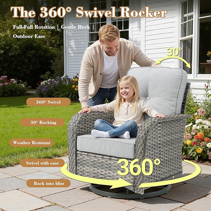 5 Pieces Patio Furniture Set, All Weather Rattan Patio Conversation Sets with Swivel Rocking Chairs, Coffee Table, High Back Outdoor Furniture Loveseat for Porch, Backyard,Grey