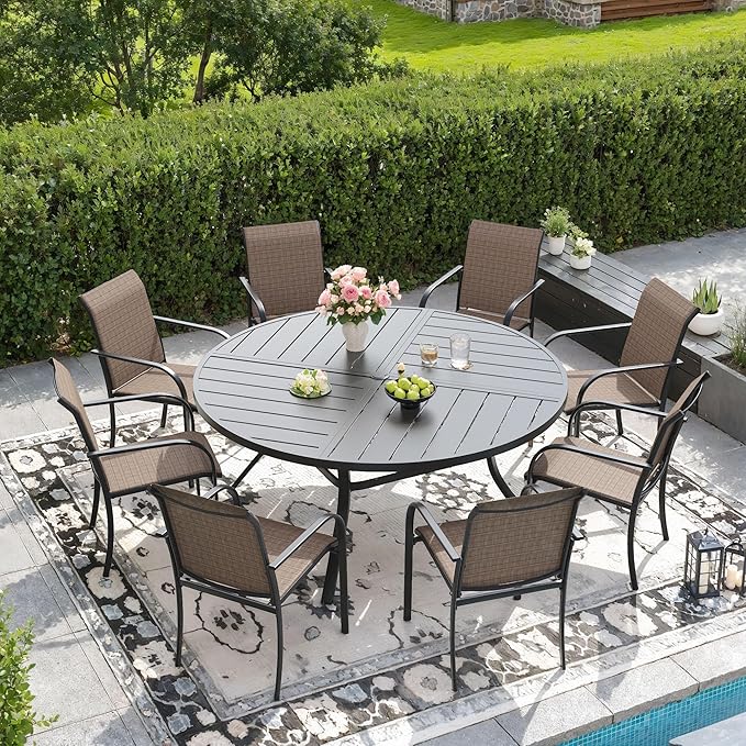 DIFY 9 Pieces Outdoor Patio Dining Set for 8, 53.1" Black Round Metal Dining Table and 8 Brown Stackable Textilene Patio Chairs, Outdoor Table and Chairs for Backyard Garden Poolside