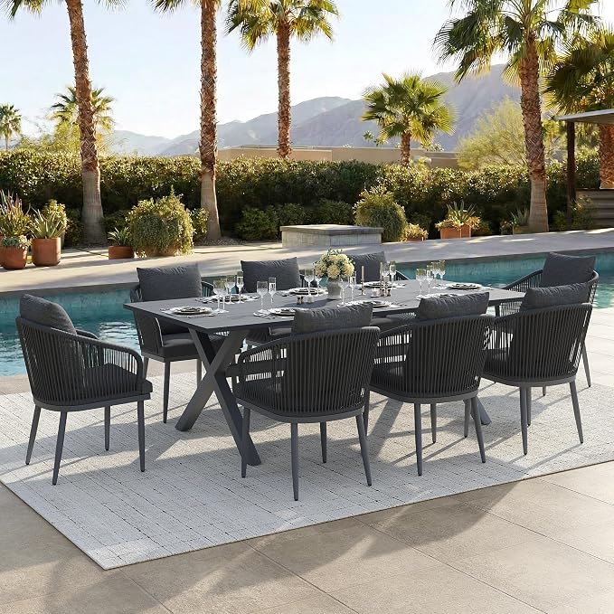 9-Piece Patio Dining Table Sets, Woven Wicker Dining Set with Rectangular Aluminum Table and Dining Chairs Modern Outdoor Dining Furniture Set for Outdoors and Indoors
