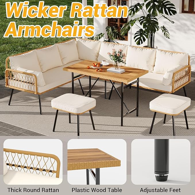 GarveeLife 6 Pieces Patio Furniture Sets Wicker Outdoor Sectional L-Shaped with Cushions & Wood Dining Table and Chairs Set, Boho Rattan 8 Seater Conversation Sets for Balcony, Backyard, Beige