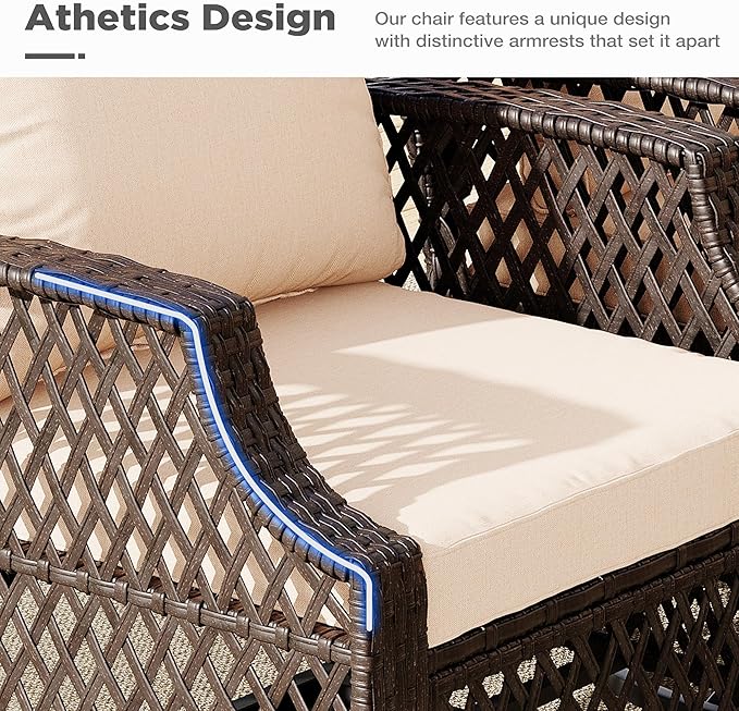 HOMREST 7 Piece Patio Furniture Set, Wicker Outdoor Conversation Sofa Set with Swivel Chairs, 2 Ottomans, Glass Side Table, Rattan Outdoor Sectional for Deck Backyard Porch （9 Seats, Khaki