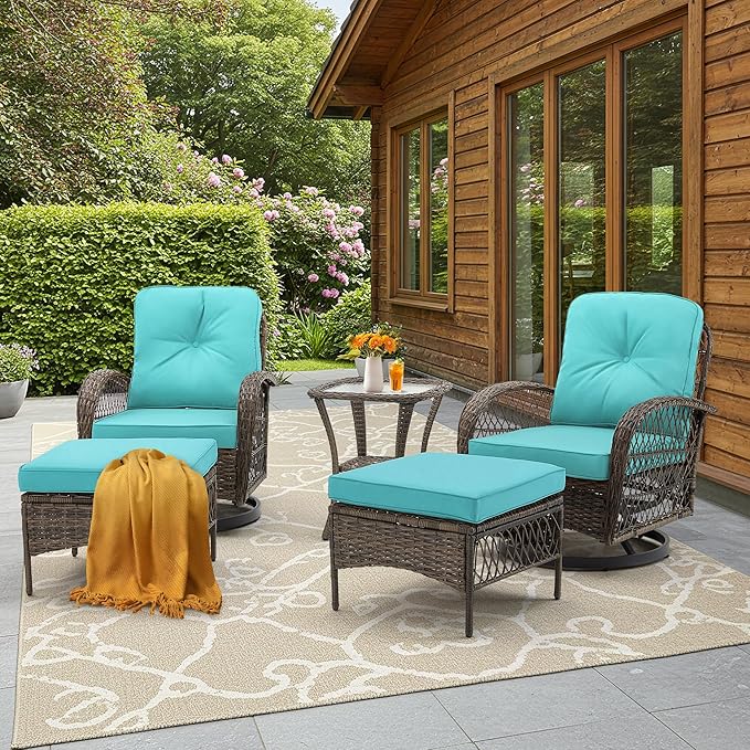 EROMMY 5 Pieces Outdoor Swivel Rocker Patio Chairs, 360 Degree Rocking Patio Conversation Set with Thickened Cushions, Glass Coffee Table and Ottomans for Backyard, Blue