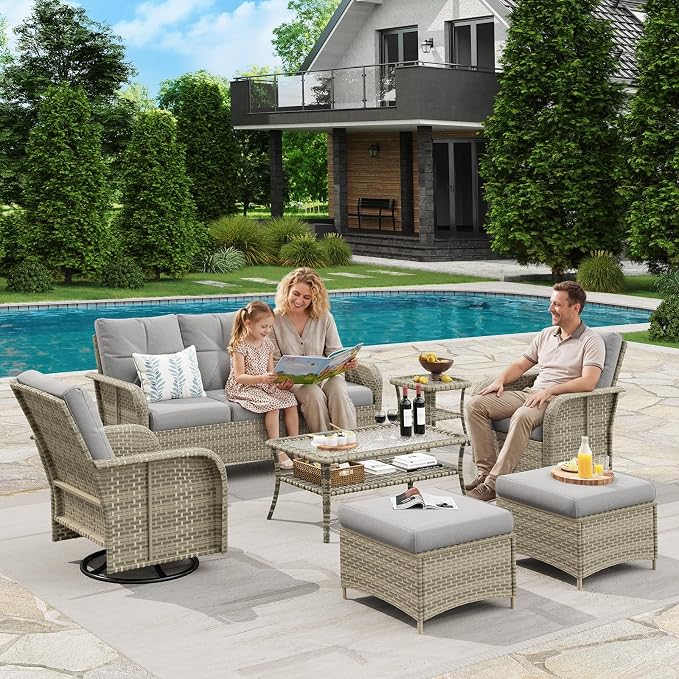 LazySunsets Luxury 9-Piece Patio Furniture Set, 360° Swivel Chairs, Wicker Rattan Sofa with Thick Cushion, Outdoor Conversation Set for Backyard, Poolside & Garden, Beige/Gray