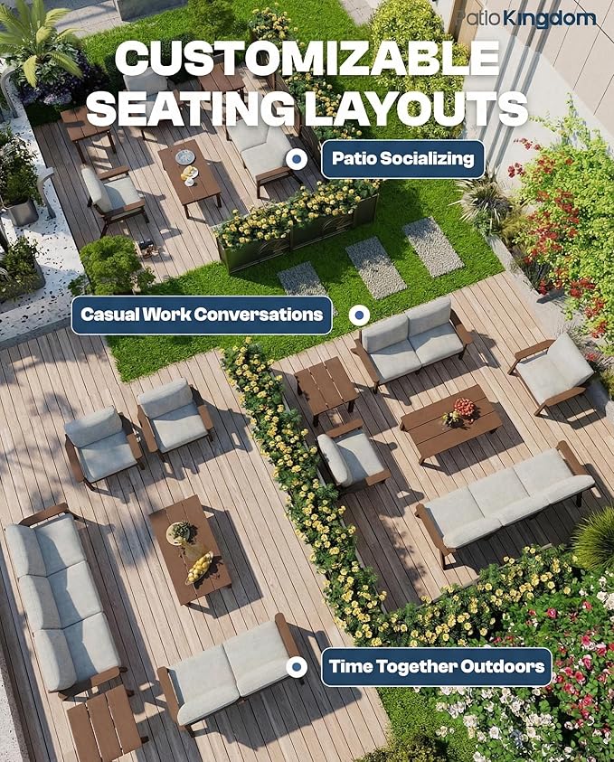 7 Piece Patio Conversation Sets, Outdoor Couch with Washable Thick Gray Cushions, HDPE Patio Furniture Set with 12FT Umbrella, Outdoor Sectional Furniture for Backyard (Brown Frame)