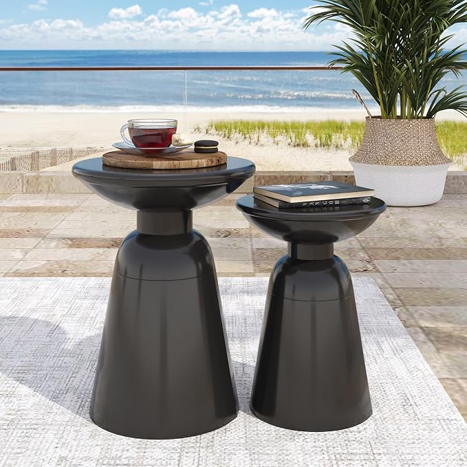 Merax Outdoor Iron Side Tables Set of 2 (15"x21", 12"x17") Modern Art Flared Design Weather Resistant End Table for Indoor Outdoor Patio Backyard Pool (Black)