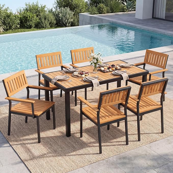 Byroce 58" x 27" Rectangular Acacia Wood Outdoor Dining Table with Umbrella Hole & Black Metal Frame for Patio, Garden & Restaurant, Natural