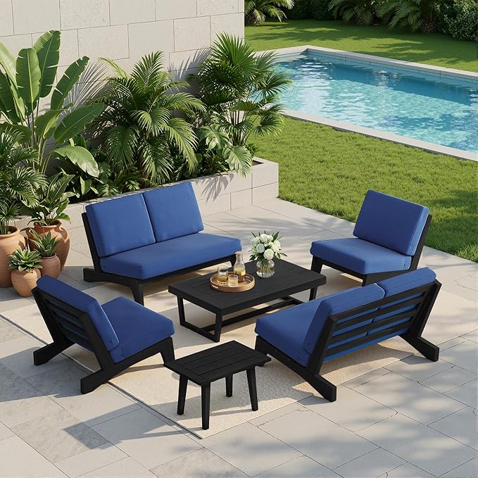 UIXE 6 Pieces All Weather Black Wood Patio Furniture Sets, 2 Patio Loveseat, 2 Patio Bistro Chair, Outdoor Sectional Sofa Furniture Backyard Conversation Set with Coffee Table - Navy
