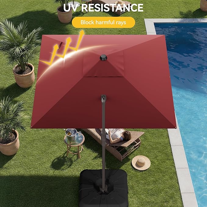 10x10FT Cantilever Outdoor Umbrella with Base, 360° Rotating Large Offset Square Patio Umbrella, Ideal for Garden Backyard Deck Courtyard, Red
