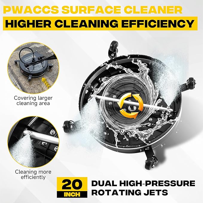 PWACCS 20" Pressure Washer Surface Cleaner, Power Washer Driveway Attachment with 4 Wheels and Dual Handle for Concrete, Patio, Sidewalk, and Deck, Black, 4500 PSI