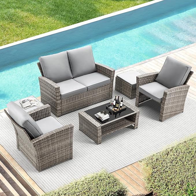 HOMREST 6 Piece Patio Conversation Set, Outdoor Sectional Conversation Rattan Sofa Set with Ottoman and Outdoor Storage Table for Garden, Porch, Backyard (Grey)
