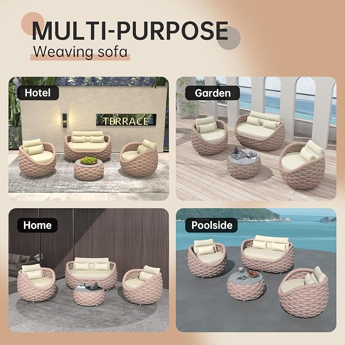 Outdoor 4 PCS Patio Conversation Set, All-Weather Wicker Patio Couch Sofa with Waterproof Thick Cushion Coffee Table for Porch, Balcony Mocha | All-Weather Wicker