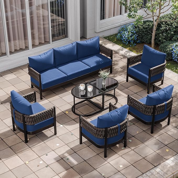 Kullavik Aluminum Patio Furniture Set 7 Pieces,Metal Outdoor Furniture with Modular Coffee Table,HDPE Rope Sectional Conversation Set w/5.9" Thick Cushions for Deck,Porch,Backyard