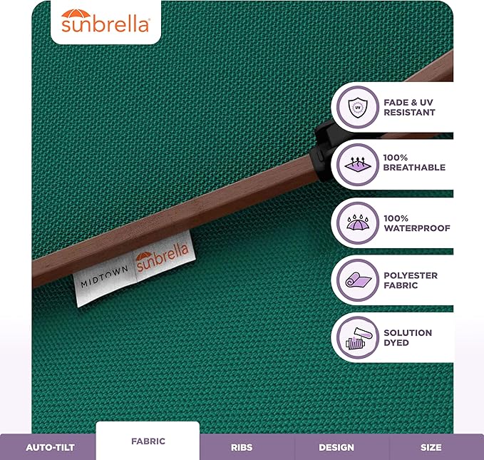 Midtown Umbrellas Wooden 2-8 Ft Patio Umbrella with 360° Swivel & Tilt Mechanism, 8 Fiberglass Ribs & Sunbrella Fabric - Outdoor Umbrella for Deck, Pool & Garden - Burgundy Canopy, Wooden Pole