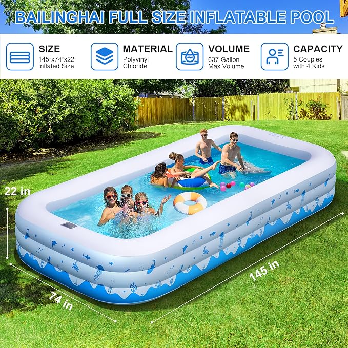 Large Inflatable Pool with Lights, 145" X 74" X 22" Family Inflatable Swimming Pools for Adults, Blow Up Pool Solar Powered, Inflatable PooI for Backyard (Air Pump Not Included)