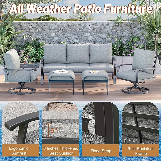 HOMREST Patio Furniture Sets 6 PCS Outdoor Metal Conversation Sets, 360 Degree Swivel Rocking Chairs Patio Conversation Set with Ottomans, Coffee Table and 3-Seat Sofa for Garden, Deck and Poolside