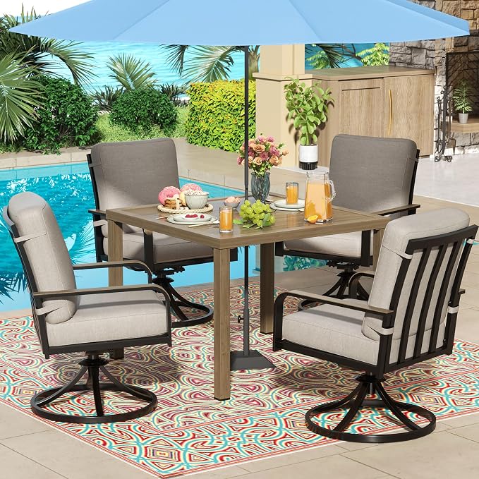NATURAL EXPRESSIONS 5 Piece Outdoor Patio Dining Sets, 4pcs Swivel Dining Chairs & Square Woodgrain Dining Table with 1.65”Umbrella Hole for Lawn, Garden, Deck, Backyard and Porch