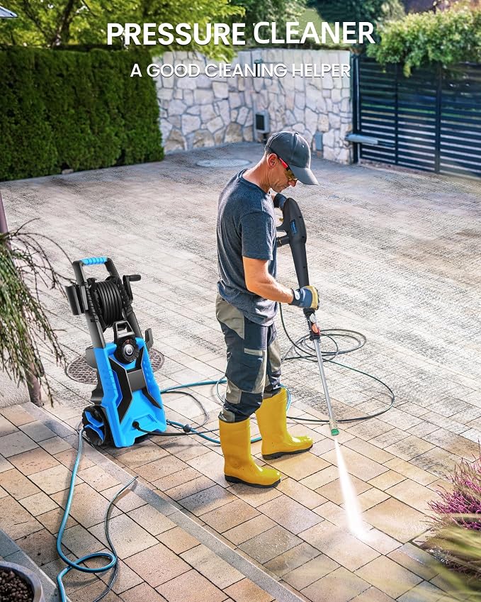 5000PSI Electric Pressure Washer, 2500-5000 PSI Adjustable Power Washer with 33ft Hose Reel, 4 Nozzles & Detergent Tank for Cars/Home/Driveways, Blue