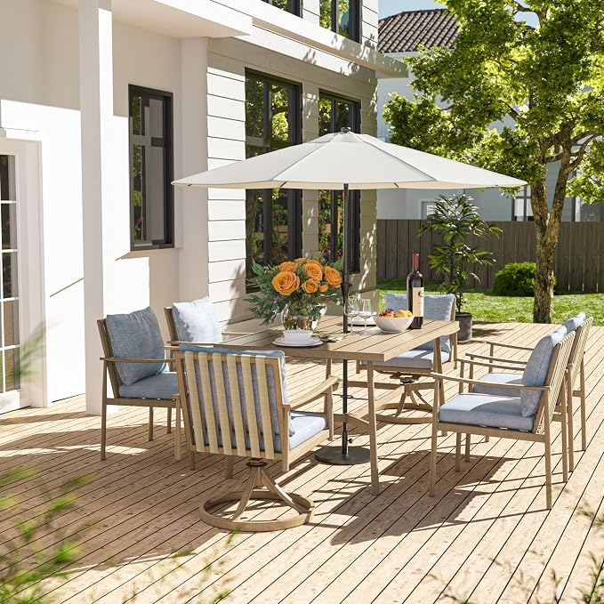 HAPPATIO Patio Table for 6, Large Modern Rectangle Outdoor Dining Table with Umbrella Hole and Adjustable Feet, All Weather Aluminum Patio Table for Garden, Backyard and Poolside, Brown