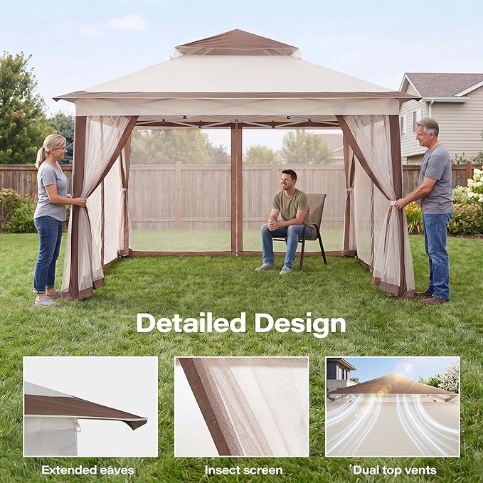 LAUSAINT HOME 11x11 Pop Up Gazebo Canopy Tent with Mosquito Netting, Instant One-Push Setup, Adjustable Height Outdoor Canopy Shelter with Carry Bag for Patio, Backyard, Camping, Parties & BBQs, Khaki