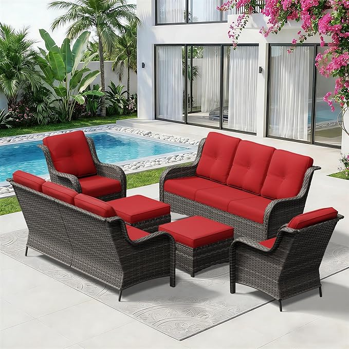 6 Piece Outdoor Wicker Patio Furniture Set, Patio Chairs Set with Thickened Olefin Cushions, High Back and Deep Seating, Hand-Woven PE Rattan, Ottoman for Porch, Deck