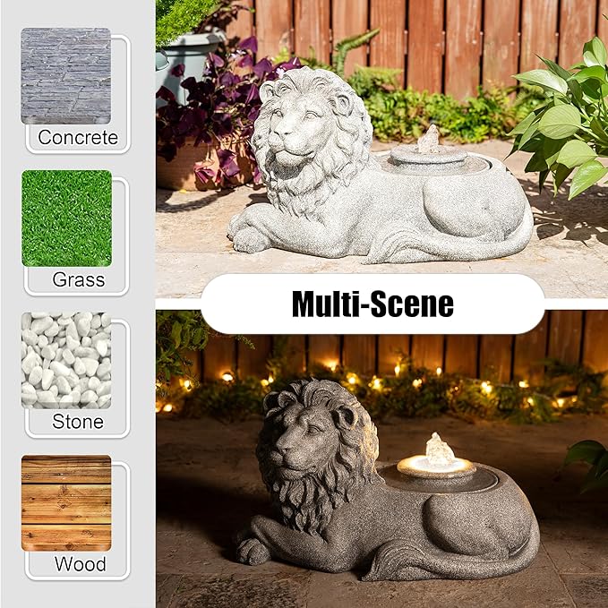 Glitzhome Outdoor Fountain with Lights & Pump, 20" L Zen-Style Lying Lion Polyresin Water Fountain Outdoor, Floor Standing Water Feature for Garden Yard Patio Porch Decor