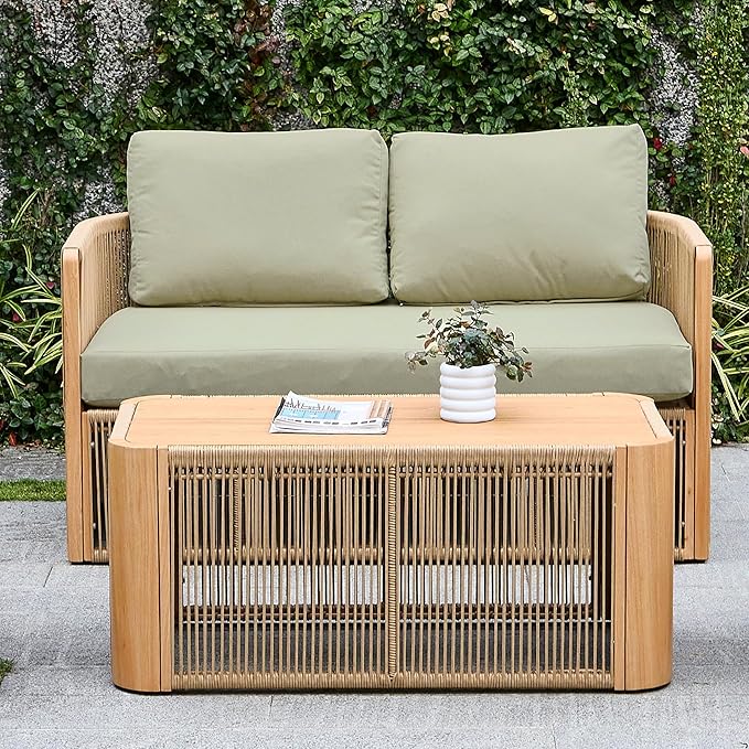2 Piece Patio Furniture Set, Olefin Rope Patio Conversation Set, Aluminum Patio Sofa Set, 2 Seat Loveseat Couch with Coffee Table, All Weather Outdoor Sectional Furniture for Deck/Yard, Green