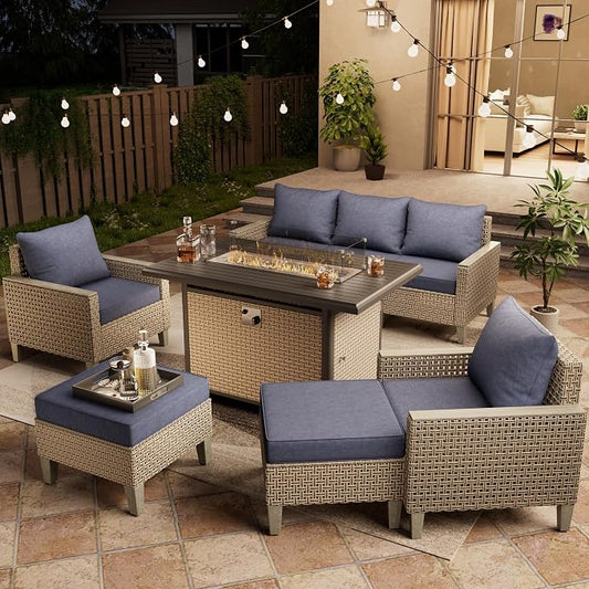 Outdoor Patio Furniture Set with Rattan Fire Pit Table 8-Piece Modular Wicker Sectional Sofa with Ottomans and Thick Cushions, Modern Rattan Outdoor Conversation Couch, Navy