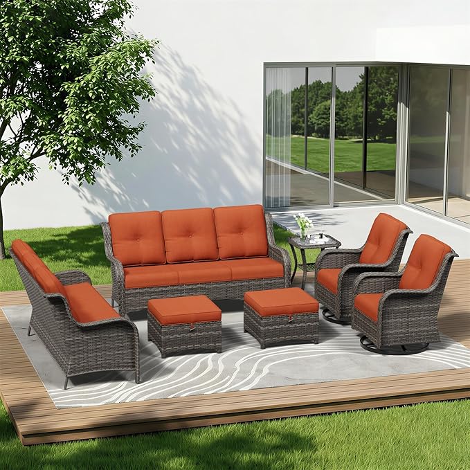 7 Piece Outdoor Wicker Patio Furniture Set, Outdoor Swivel Rocker Patio Chairs Set with Thickened Olefin Cushions, High Back and Deep Seating, Hand-Woven PE Rattan for Porch, Deck