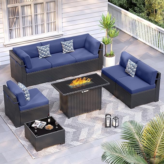 8 Piece Patio Furniture Set with 44” Fire Pit Table All-Weather Wicker Conversation Sectional Sofa & Coffee Table with Thickened Cushions for Backyard, Garden(Navy Blue)