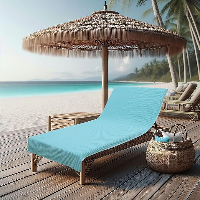 COTTON CRAFT Pool Lounge Chair Cover - 2 Pack Euro Spa Waffle Weave Chaise Lounge Cover - 100% Cotton Ringspun Terry Towel - Beach Chair Cover - Oversized 32 in W x 82 in Length x 7 in Pocket – Blue