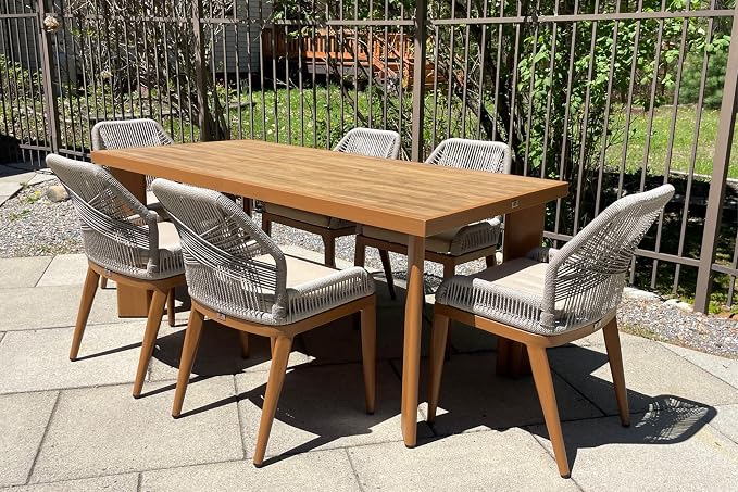 PURPLE LEAF 7 Pieces Dining Set Patio Metal Rectangular Table and Wicker Rattan Chairs for Outside Porch Garden Kitchen Modern Outdoor Furniture Sets