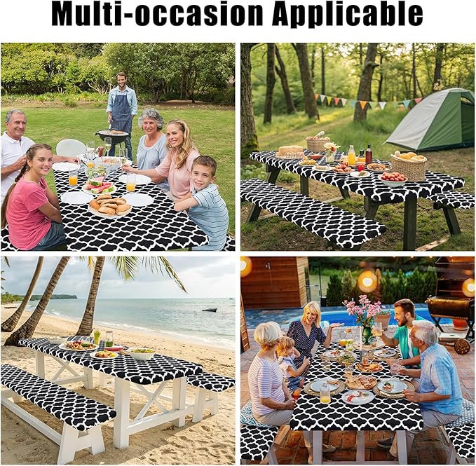 Smiry Picnic Table Cover with Bench Covers, Waterproof Elastic Fitted Tablecloth for 6 Foot Tables, Washable Polyester Tablecloths for Camping, Indoor & Outdoor (Black, 30x72 Inch 3-pc Set)