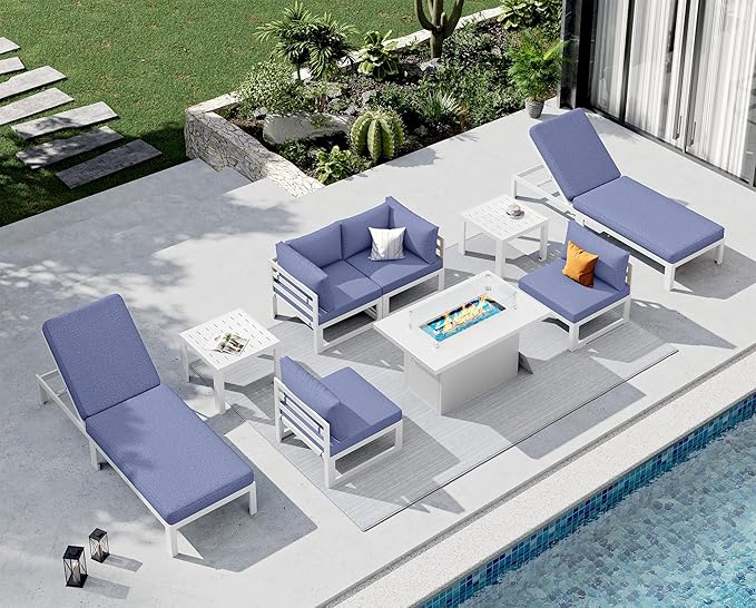NICESOUL 9 Pcs Oversized Modern Aluminum Patio Furniture Set, All Weather Modular Sectional Sofa with Chaise & Fireplace, 500 lbs Heavy Duty Comfortable Outdoor Couch for Poolside Backyard, Denim Blue