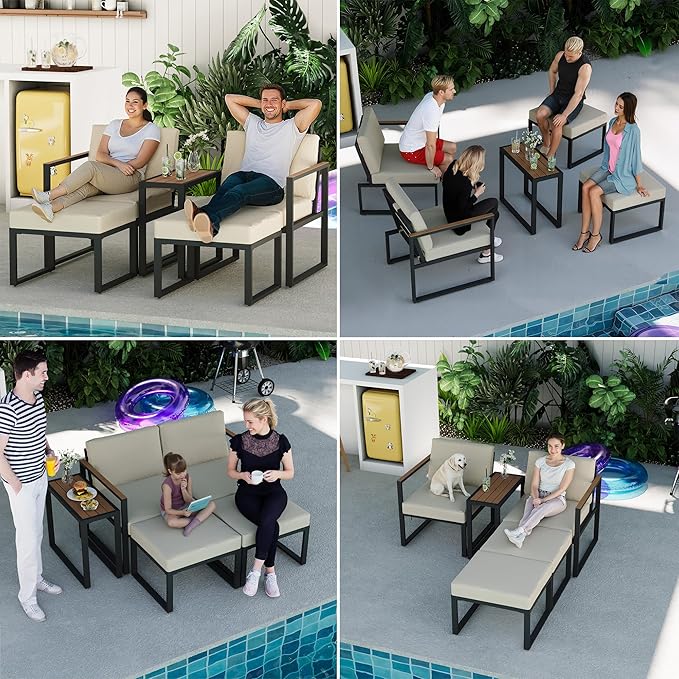 LAUSAINT HOME 5 Pieces Outdoor Conversation Set, Metal Patio Chairs with Thick Cushions 2 Ottomans&Side Table for Backyard, Poolside, Porch, Balcony (Beige)