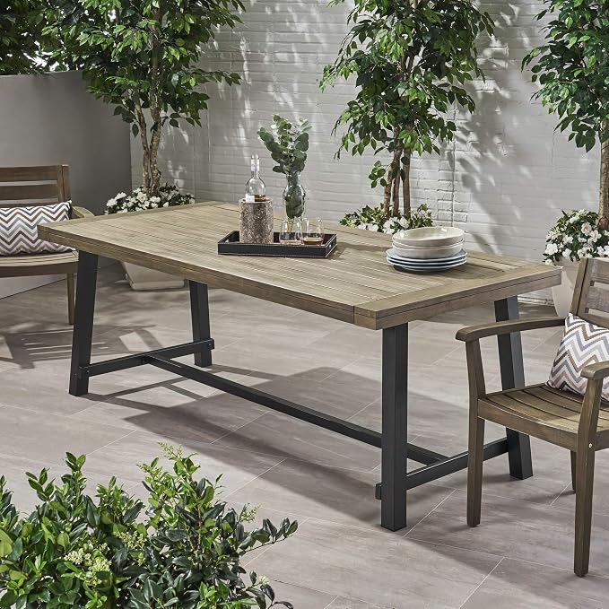 Christopher Knight Home Beau Outdoor Eight Seater Wooden Dining Table, Gray and Black Finish