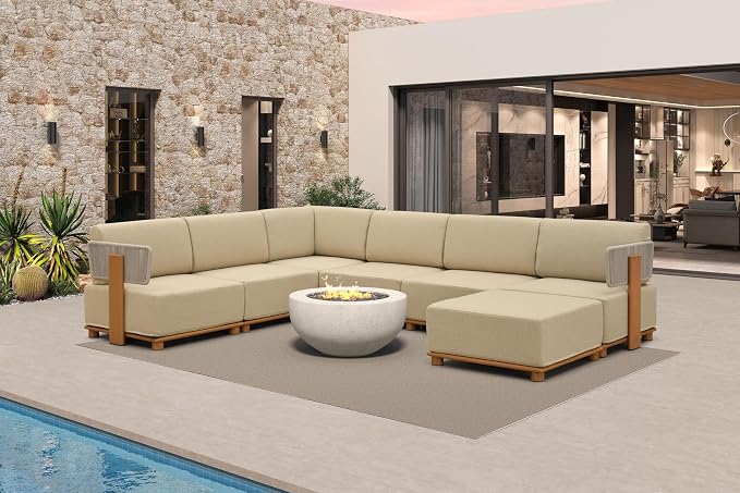 PURPLE LEAF Patio Furniture Set Modular U-Shaped Outdoor Sectional Sofa with 11" Thick Olefin Cushion 7-Piece Outdoor Conversation Set with Ottoman for Backyard Garden Poolside, Beige