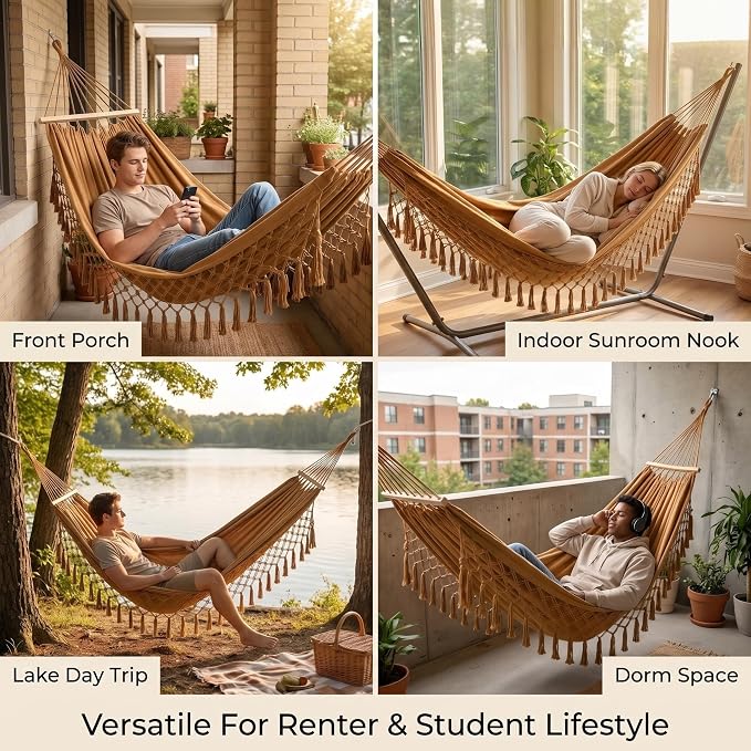 Bohemian Canvas Hammock with Tassels, Brown, 79"x39" | Soft Breathable Cotton Canvas Hammock,79x39in,2 Hanging Straps Wooden Bar;3 colors,compact for students renters dorm balcony