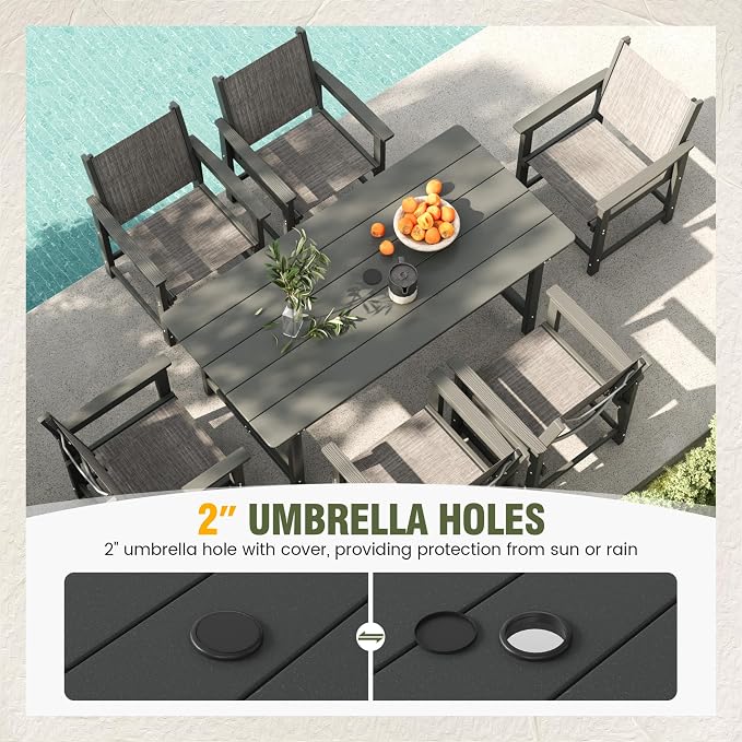 UDPATIO HDPE Outdoor Dining Set Patio Furniture Heavy Duty | Table and Chairs Seating Easy to Assembly Umbrella Hole All-Weather for Pool Garden Backyard Indoor Kitchen Light-grey