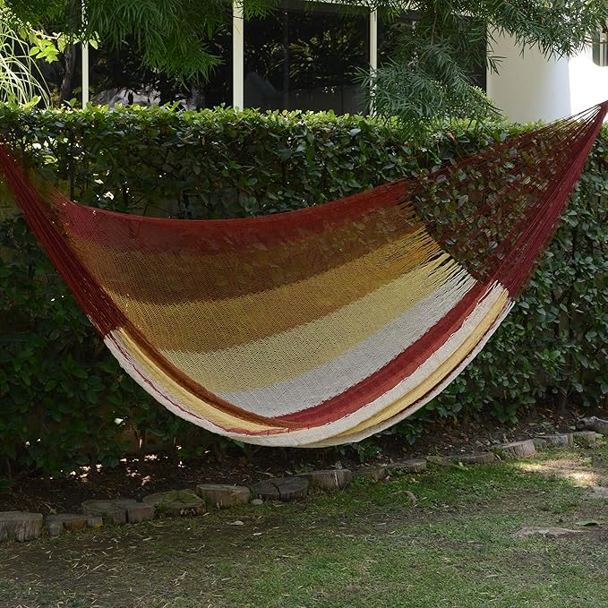 NOVICA Brown Burgundy White Yellow Striped Cotton Hand Woven Mayan Rope 2 Person XL Hammock, 'Loreto' (Double)