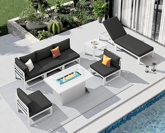 NICESOUL 8 Piece Oversized Modular Aluminum Outdoor Furniture Set with Chaise Lounge, 29" Deep and Wide Sectional Seating, 500 lbs High Weight Capacity Patio Conversation Set for Poolside, Dark Gray