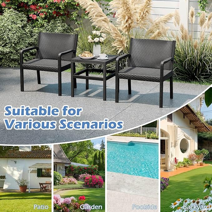 Tangkula 3 Piece Patio Furniture Set, Outdoor Wikcer Conversation Set with 2 Rattan Armchair & 25" Square Side Table, for Patio, Garden, Poolside, Bistro (Black)
