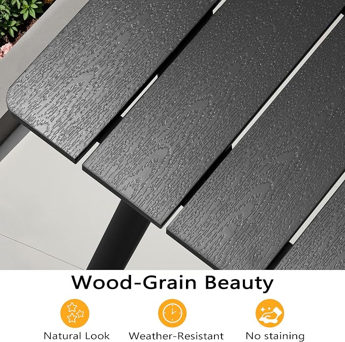 11-Piece Outdoor Dining Set for 10 Person with Black Wood-Grain Top | Armrest Stackable Chairs with 19.4" Seat Depth, Aluminum Frame Dining Furniture with Umbrella Hole for Deck, Porch & Backyard