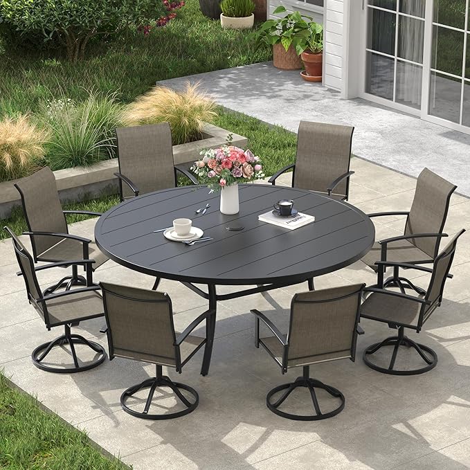 VICLLAX Outdoor Table and Chairs Set for 8, Patio Dining Set of 60 Metal Round Patio Table with Umbrella Hole & 8 Swivel Outdoor Dining Chairs for Backyard Lawn, Mixed Brown & Black