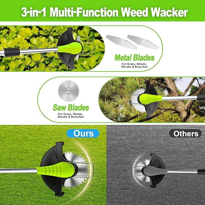 Electric Weed Wacker Cordless, 3-in-1 Wheeled Grass Trimmer with Height Adjustment, 2.0Ah Battery and 3 Types Blades for Yard, Lawn, Patio, Garden, Walkway, Fence & Branch Trimming, Green